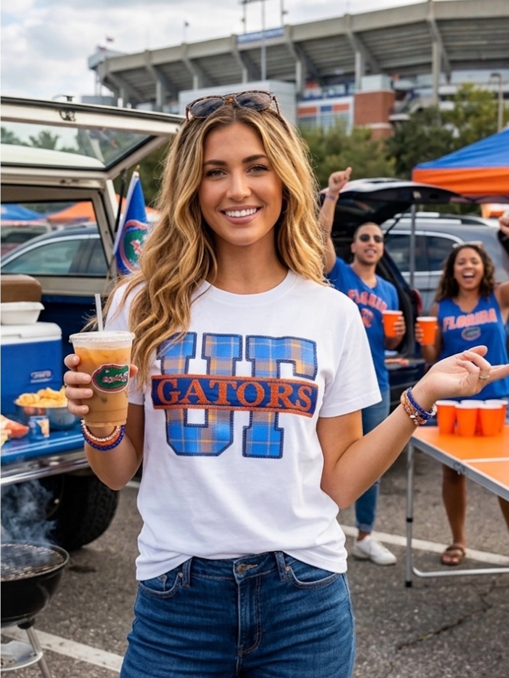 New! QUEEN OF SPARKLES Licensed Florida Gators Plaid Letter Tee Oversized XS
